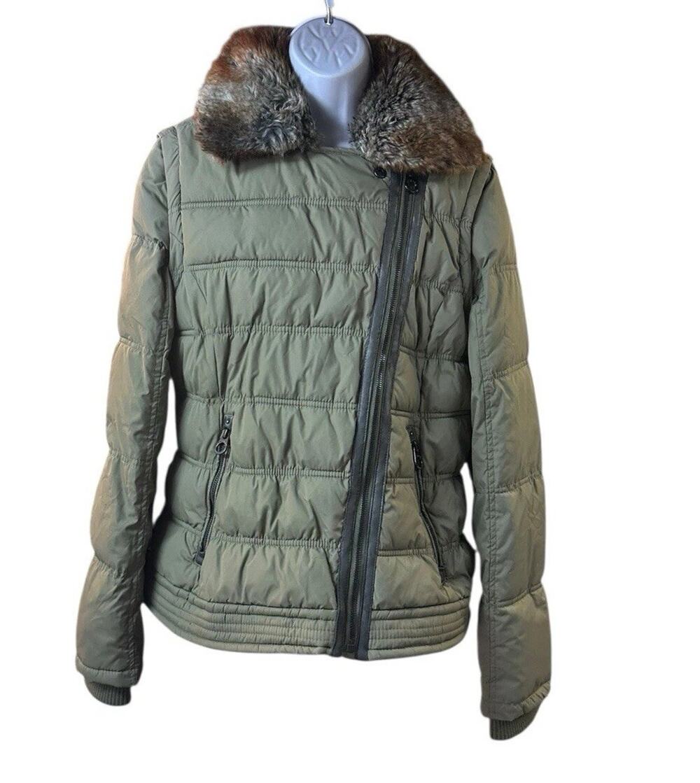 Laundry By Design Convertible Puffer Jacket Vest Faux Fur Collar Olive Green L
